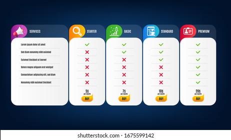 Development plan, Research and Id card icons simple set. Price list, pricing table. Coffee maker sign. Strategy, Magnifying glass, Human document. Tea machine. Technology set. Vector