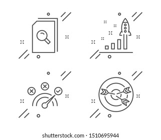 Development plan, Search files and Correct answer line icons set. Targeting sign. Strategy, Magnifying glass, Speed symbol. Target with arrows. Education set. Vector