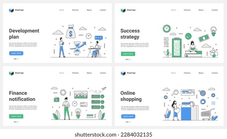 Development plan and success of business strategy, funding notification, online shopping set vector illustration. Cartoon tiny people work with financial reports, analyze case of finance risks