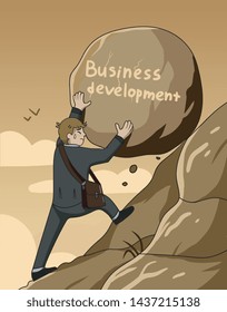 Development and planning concept in face of adversity with a young businessman pushing a large rock up a steep mountain alone conceptual of logistics, determination and achievement Vector illustration