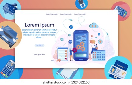 Development Planning Mobile App Vector Banner. Female adds Gear on Smartphone Screen. Cloud Service Receive Calendar update Notification. Developer with Laptop get Remote Network Technology Message