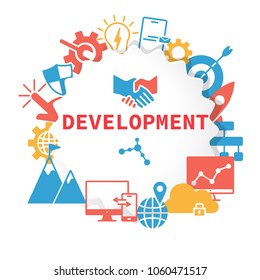 Development poster with icons set. Outline web icons pattern for SEO website banners apps development. Background of circular frame. Flat style vector illustration