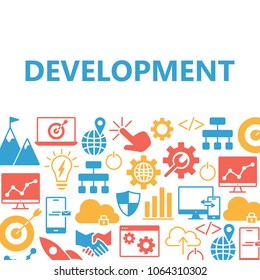 Development poster with icons set. Outline web icons pattern for SEO website banners apps development. Simple icons Background . Flat style vector illustration