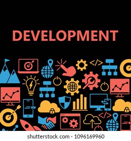 Development poster with icons set. Outline web icons pattern for SEO website banners apps development. Simple icons Background . Flat style vector illustration