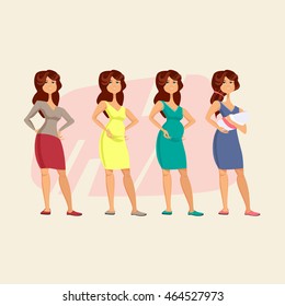 The development of pregnancy in four steps. Stages of pregnancy. Changes in a woman's body during pregnancy. A pregnant woman and her newborn child. The mother and her child. 
