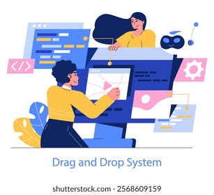 Development Process Automation concept. Professionals streamline workflow with a drag-and-drop system. Creating efficient digital solutions. Vector illustration.