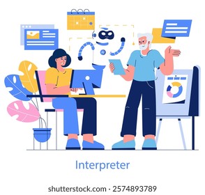 Development process automation concept. Professionals collaborate with AI robot, enhancing efficiency in technology projects. Modern workplace illustration. Vector illustration.