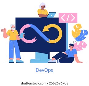 Development process automation concept. Team working on continuous integration and deployment for efficiency. Collaboration, coding, and workflow optimization. Vector illustration.