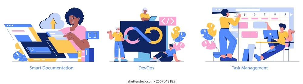 Development Process Automation set. Enhancing productivity through smart documentation, DevOps practices, and innovative task management. Streamlined workflows in modern office settings. Vector