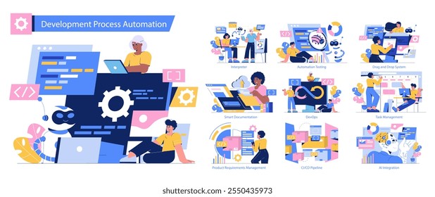 Development Process Automation set. Various stages of software creation showcased by professionals and AI. Coding, testing, and deployment activities. Vector illustration.