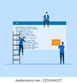 Development process concept. People characters work together and develop new software. Development team programming and program code writing. Flat cartoon vector illustration.