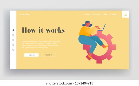 Development Process and Innovation in Business Website Landing Page. Businesswoman Manager Sitting on Huge Cogwheels Mechanism Working on Laptop Web Page Banner. Cartoon Flat Vector Illustration