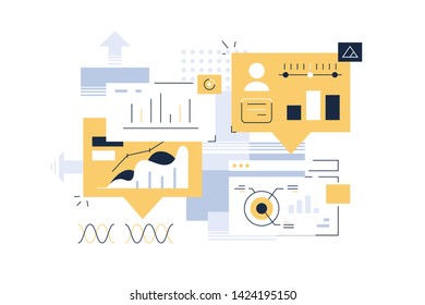 Development process of interface design vector illustration. Steps of creation website with person profile and charts graphs diagram flat style concept. Creative construction