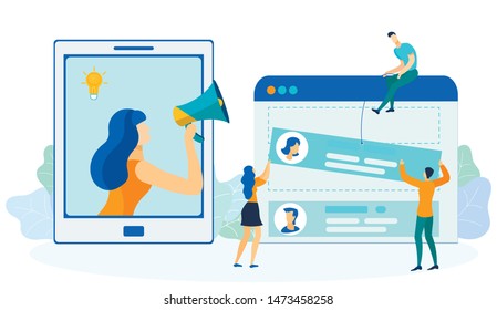 Development Process Management Vector Illustration. Developers Team and Executive Manager Cartoon Characters. Colleagues create Application User Interface. Client with Megaphone giving Orders