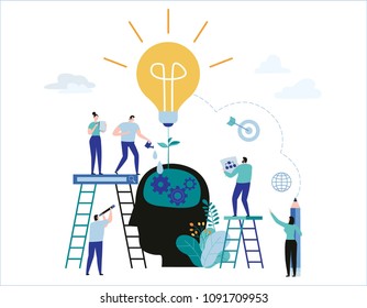 Development process to success.
Modern vector illustration graphics.
creative business concept
small people working big idea
flat cartoon character design
isolated on white background.