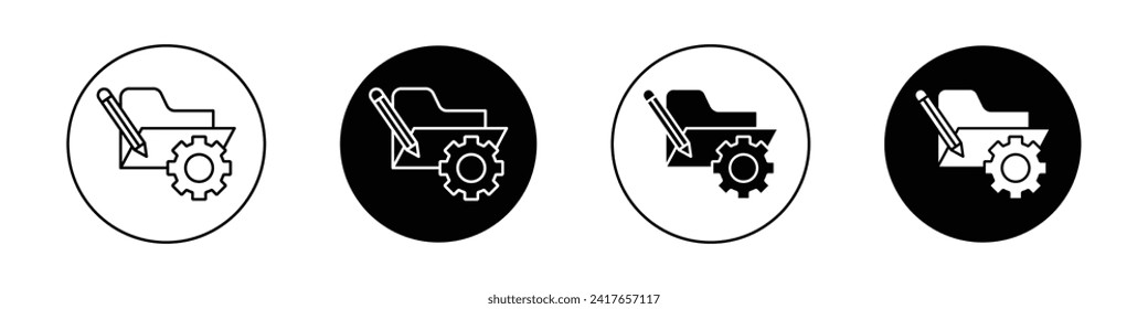 Juego de iconos de producto de desarrollo. Preferencias carpeta y símbolo del vector de la rueda cognitiva del lápiz en un estilo negro relleno y delineado. Signo de desarrollo de producto digital.