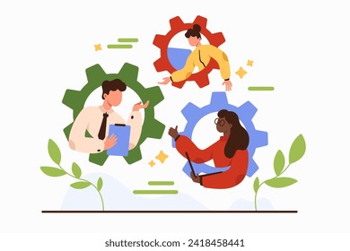 Development and productivity of strong dedicated team. Company cooperation and corporate teamwork structure with effective roles for employees, parts of gear mechanism cartoon vector illustration