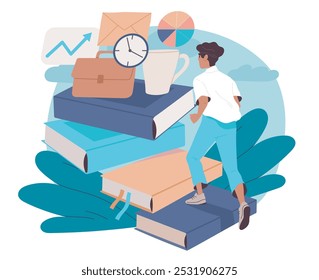 Development in profession. Man climbs up stacks of books to get to coffee, briefcase and watch. Motivation and leadership. Employee with career growth. Flat vector illustration