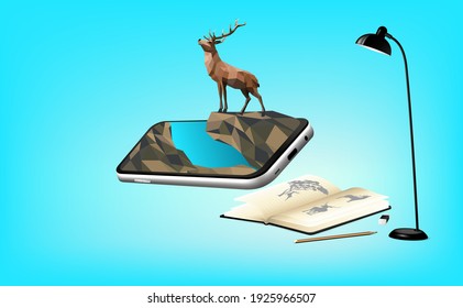 Development program virtual, augmented reality display technology for learning and tourism for non-school education on mobile phone, concept wildlife journey and forest trip for vector illustration