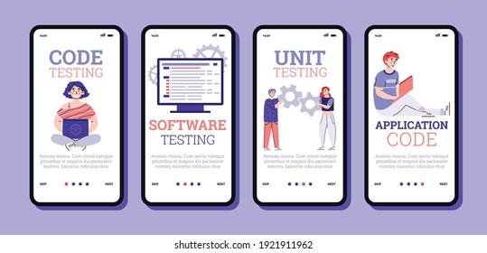 Development, programming and code testing of software, application or web. Team of IT specialists writing programs and search for bugs, errors. Set of vector mobile phone screens