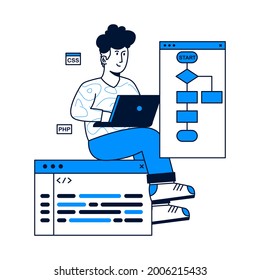 Development and programming concept flat design. A man working on Computer to development web coding and apps. trendy vector illustration style.Perfect for web design, banner, mobile app, landing page
