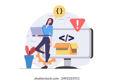 Development and programming concept in modern flat design for web. Woman developer creating software product at laptop, testing program accessibility and making optimization. Vector illustration.