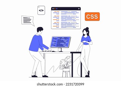Development and programming concept with people scene in flat outline design. Man and woman write and test code and working at computer. Vector illustration with line character situation for web