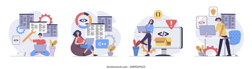 Development and programming concept with people scenes set in flat web design. Collection of character situation with programmers working and creating software code on screens. Vector illustrations.