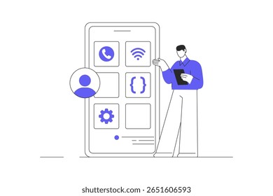 Development and programming. Developer programming code and building mobile app with programmer languages. Flat Cartoon Vector Illustration, icon. Stylish abstract design landing page