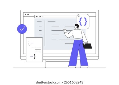 Desenvolvimento e programação. Man Developer código de programação e construção de aplicativo móvel, codificação com linguagens de programação. Ilustração plana de vetor de desenhos animados, ícone. Página inicial de design abstrato e elegante
