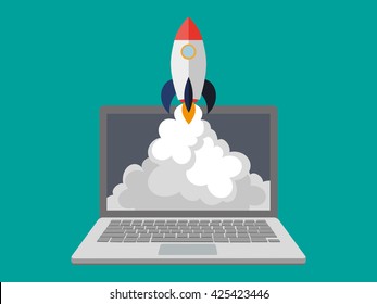 Development project. Flat illustration of a spaceship and a laptop