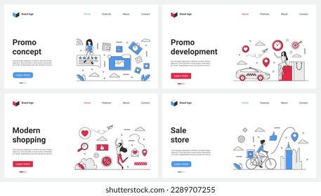Desarrollo y promoción de tiendas modernas, venta online conjunto de ilustraciones vectoriales. Personas diminutas de caricatura sentadas en un mensaje de revisión con estrellas de calificación y me gusta, montan taxi urbano y bicicletas para comprar