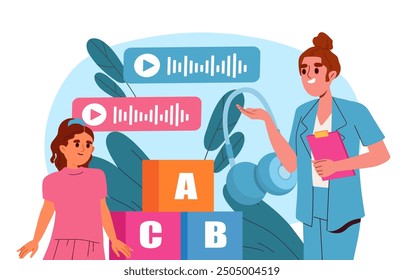 Development of pronunciation. Woman speech therapist teaches girl to read. Education, learning and training. Speech correction for preschoolers. Flat vector illustration isolated on white background