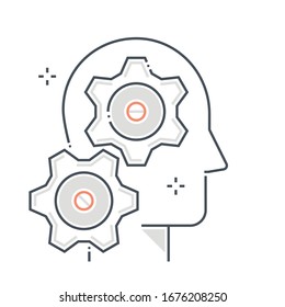 Vektorillustration der Entwicklungslinie, Illustration. Das Icon dreht sich um Zahnrad, Getriebe, Management, Maschine, Problemlösung, Hirnstürmung, Avatar, Gesicht. Die Komposition ist unendlich skalierbar.