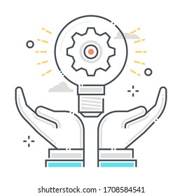 Icono de vector de línea de color relacionado con el desarrollo, ilustración. El icono es sobre brainstorm, creativo, engranaje, idea, lámpara, gestión, producción. La composición es infinitamente escalable.