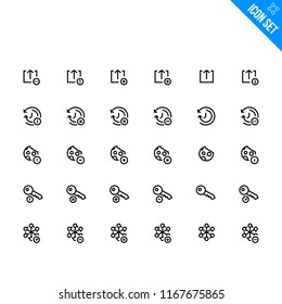 Development Related Icon set. Contains such Icons as Export, History, Cookie, Key, Node. Vector Flat Icon Set in Line Style for Mobile application or Web site