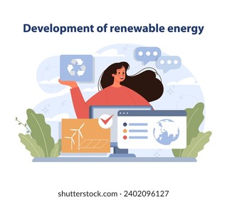 Development of Renewable Energy concept. Enthusiastic woman promotes eco solutions, showcasing recycling sign and wind turbines. Modern transition to green energy. Flat vector illustration.