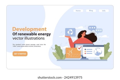 Development of Renewable Energy concept. Enthusiastic woman promotes eco solutions, showcasing recycling sign and wind turbines. Modern transition to green energy. Flat vector illustration.