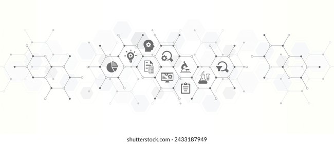 Development and research banner with the website icons and symbol of business development processing using technology engineering product design and project management vector illustration