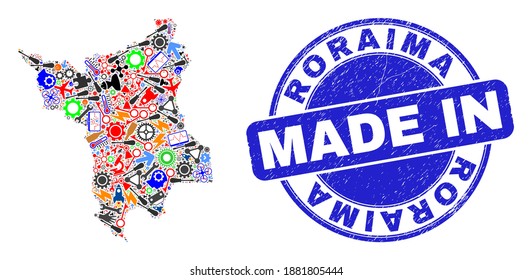 Development Roraima State map mosaic and MADE IN grunge rubber stamp. Roraima State map abstraction designed with spanners,wheel,instruments,items,vehicles,power sparks,bugs.