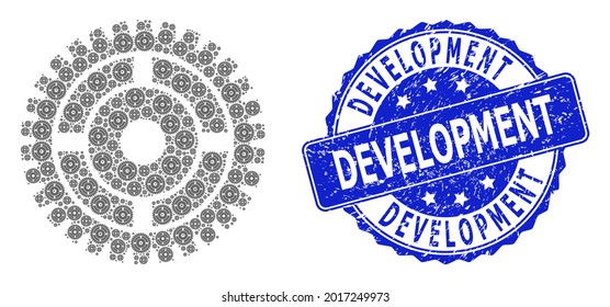 Sello de sellado de goma circular y rueda de reloj de mosaico recursivo vectorial. El sello azul incluye la etiqueta Desarrollo dentro de la forma de círculo. El mosaico vectorial se construye a partir de pictogramas aleatorios de la rueda del reloj.