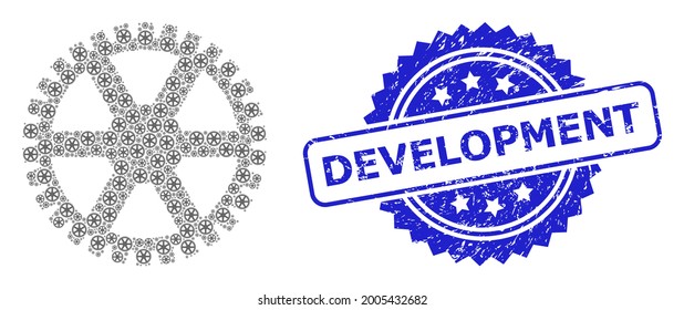 Desarrollo de imitación de foca rayada y rueda de reloj de mosaico recursivo vectorial. El sello azul contiene el texto de desarrollo dentro de la roseta.