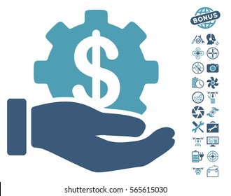 Development Service icon with bonus copter tools pictograms. Vector illustration style is flat iconic cyan and blue symbols on white background.