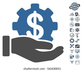 Development Service icon with bonus flying drone service clip art. Vector illustration style is flat iconic cobalt and gray symbols on white background.