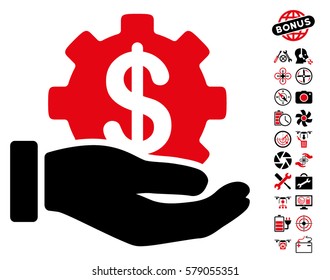Development Service icon with bonus quad copter tools symbols. Vector illustration style is flat iconic intensive red and black symbols on white background.