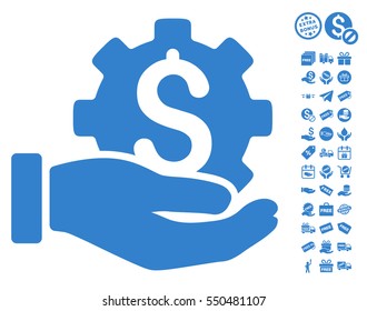 Development Service icon with free bonus design elements. Vector illustration style is flat iconic symbols, cobalt color, white background.