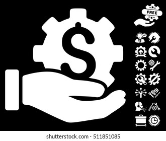 Development Service pictograph with bonus tools pictograph collection. Vector illustration style is flat iconic white symbols on black background.