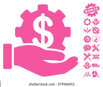 Development Service pictograph with bonus tools graphic icons. Vector illustration style is flat iconic pink symbols on white background.