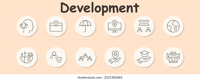 Development set icon. Mindfulness, briefcase, umbrella protection, cybersecurity, communication, global cooperation, renewable energy, personal security, teamwork, healthcare, education, animal care
