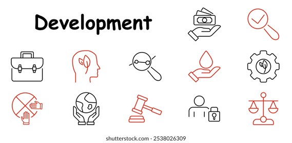 Development set icon. Money, briefcase, head with leaf, magnifier, hand with water drop, gear, justice, planet, handshake, globe, secure person